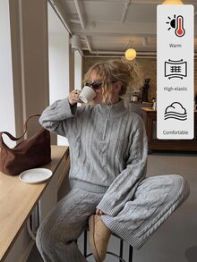 SHEIN EZwear 半拉鍊針織毛衣與針織長褲套裝 - 淺灰色 - 查看 9