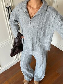 SHEIN EZwear 半拉鍊針織毛衣與針織長褲套裝 - 淺灰色 - 查看 7