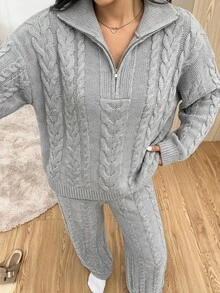 SHEIN EZwear 半拉鍊針織毛衣與針織長褲套裝 - 淺灰色 - 查看 8