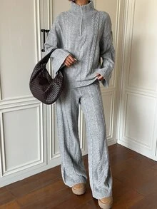 SHEIN EZwear 半拉鍊針織毛衣與針織長褲套裝 - 淺灰色 - 查看 5