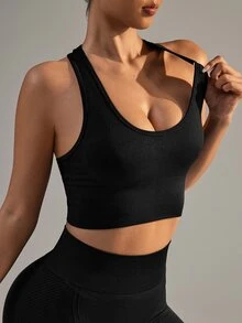 Slayform Slayform Solid Color Sleeveless Simple Seamless Sports Bra, Casual Daily Wear - Black - View 5