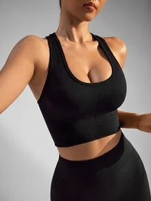 Slayform Slayform Solid Color Sleeveless Simple Seamless Sports Bra, Casual Daily Wear - Black - View 7