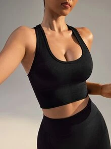 Slayform Slayform Solid Color Sleeveless Simple Seamless Sports Bra, Casual Daily Wear - Black - View 1