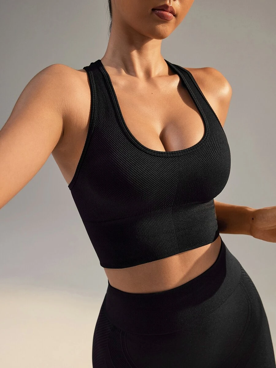 Slayform Slayform Solid Color Sleeveless Simple Seamless Sports Bra, Casual Daily Wear - Black - View 1