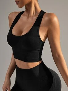 Slayform Slayform Solid Color Sleeveless Simple Seamless Sports Bra, Casual Daily Wear - Black - View 6