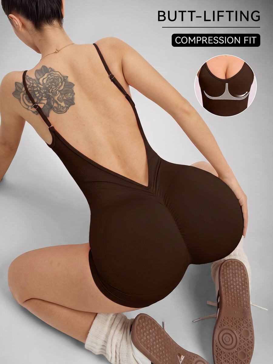 Slayform Slayform Women's Solid Color Open Back Camisole And Bike Shorts Jumpsuit, For Daily Workout For Chinese New Year - Coffee Brown - View 1