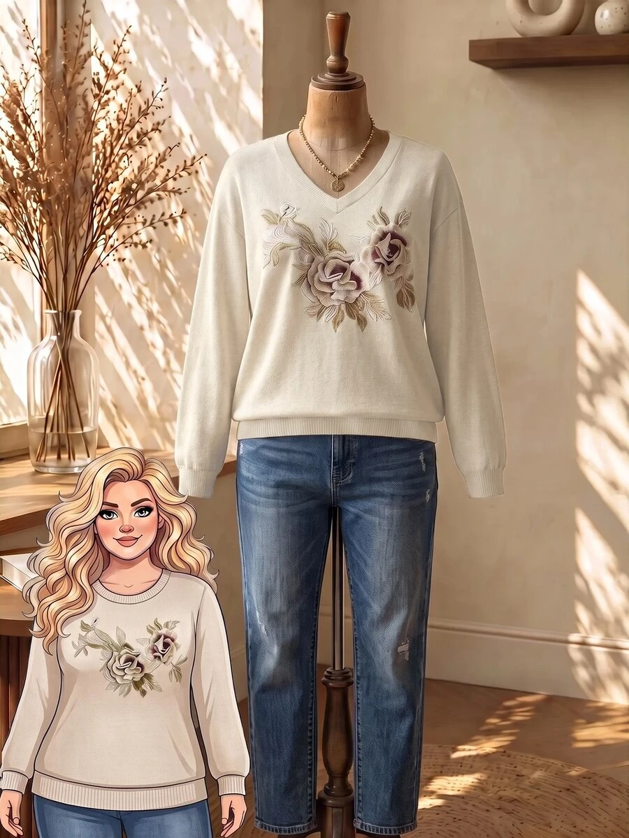 Rusticease Plus Size Autumn Casual Elegant Floral Print T-Shirt Fall Formal Vacation Beige - Apricot - View 1