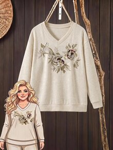Rusticease Plus Size Autumn Casual Elegant Floral Print T-Shirt Fall Formal Vacation Beige - Apricot - View 8