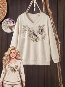 Rusticease Plus Size Autumn Casual Elegant Floral Print T-Shirt Fall Formal Vacation Beige - Apricot - View 2