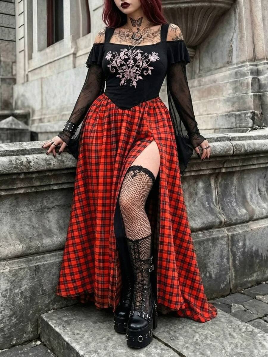 Whyspr Plus Size Women Gothic Grunge Embroidered Corset Strapless Off-Shoulder Mesh Flare Long Sleeve Orange Black Plaid Slit Dress Halloween Punk Fall - Multicolor - View 1