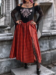 Whyspr Plus Size Women Gothic Grunge Embroidered Corset Strapless Off-Shoulder Mesh Flare Long Sleeve Orange Black Plaid Slit Dress Halloween Punk Fall - Multicolor - View 6