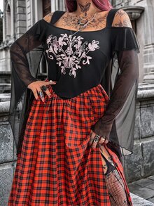 Whyspr Plus Size Women Gothic Grunge Embroidered Corset Strapless Off-Shoulder Mesh Flare Long Sleeve Orange Black Plaid Slit Dress Halloween Punk Fall - Multicolor - View 5