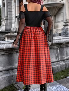 Whyspr Plus Size Women Gothic Grunge Embroidered Corset Strapless Off-Shoulder Mesh Flare Long Sleeve Orange Black Plaid Slit Dress Halloween Punk Fall - Multicolor - View 2