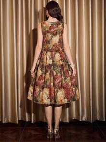Vintamour 復古 70 年代休閒優雅女款長洋裝 橄欖綠花卉提花 夏季度假派對 茶會 日間派對 節慶聖誕洋裝 - 棕色 - 查看 5