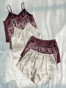 SilkySpell Conjunto de pijama de 3 piezas con top tipo camiseta y pantalones cortos lisos - Multicolor - Ver 2