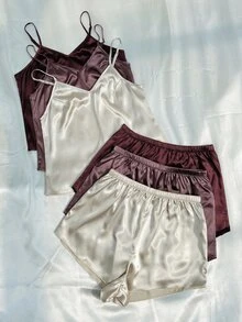 SilkySpell Conjunto de pijama de 3 piezas con top tipo camiseta y pantalones cortos lisos - Multicolor - Ver 5