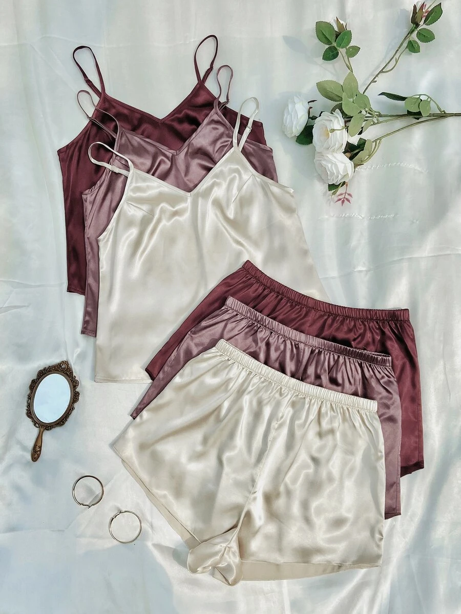 SilkySpell Conjunto de pijama de 3 piezas con top tipo camiseta y pantalones cortos lisos - Multicolor - Ver 1