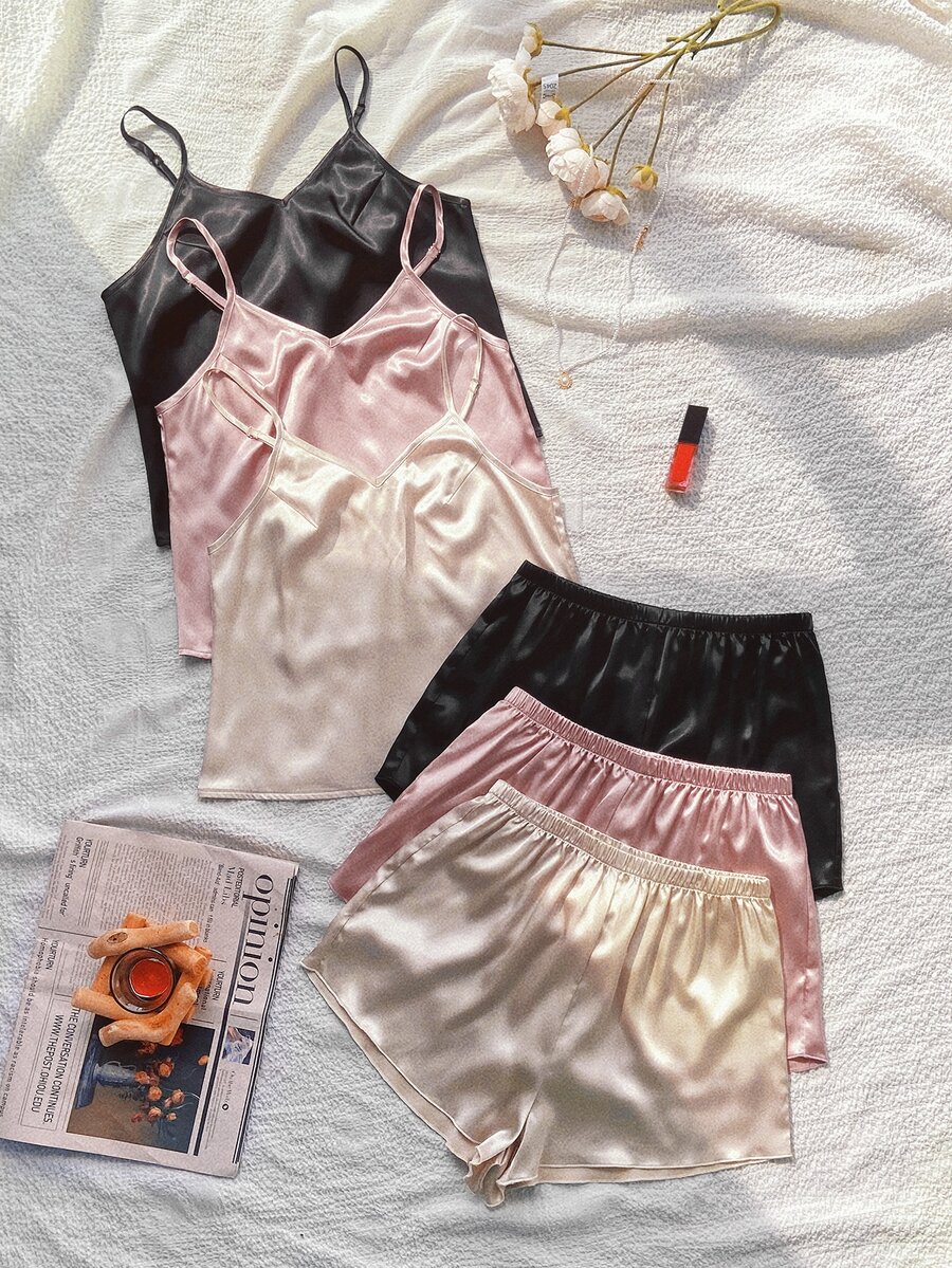 SilkySpell 3pcs Women Solid Color Camisole And Shorts Pajama Set - Multicolor - View 1
