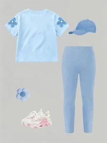 SHEIN Playful Pals Baby Girls 2pcs/Set Casual Fashion Versatile Spring/Summer Infant Toddler T-Shirt Set, Cute Sweet Blue Floral Top, Floral Pattern, Loose Round Neck Short Sleeve T-Shirt And Blue Leggings 2-Piece Set, Spring/Summer Clothing Outfit, Casual Wear For Outings, Back To School, Parties - Multicolor - View 2