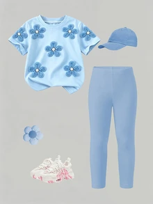 SHEIN Playful Pals Baby Girls 2pcs/Set Casual Fashion Versatile Spring/Summer Infant Toddler T-Shirt Set, Cute Sweet Blue Floral Top, Floral Pattern, Loose Round Neck Short Sleeve T-Shirt And Blue Leggings 2-Piece Set, Spring/Summer Clothing Outfit, Casual Wear For Outings, Back To School, Parties - Multicolor - View 3