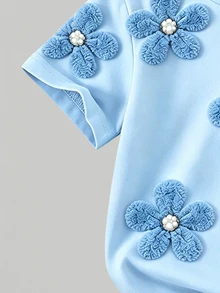 SHEIN Playful Pals Baby Girls 2pcs/Set Casual Fashion Versatile Spring/Summer Infant Toddler T-Shirt Set, Cute Sweet Blue Floral Top, Floral Pattern, Loose Round Neck Short Sleeve T-Shirt And Blue Leggings 2-Piece Set, Spring/Summer Clothing Outfit, Casual Wear For Outings, Back To School, Parties - Multicolor - View 5