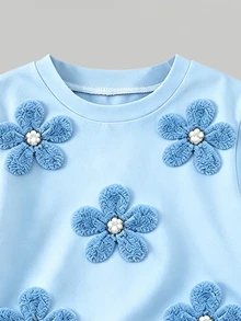 SHEIN Playful Pals Baby Girls 2pcs/Set Casual Fashion Versatile Spring/Summer Infant Toddler T-Shirt Set, Cute Sweet Blue Floral Top, Floral Pattern, Loose Round Neck Short Sleeve T-Shirt And Blue Leggings 2-Piece Set, Spring/Summer Clothing Outfit, Casual Wear For Outings, Back To School, Parties - Multicolor - View 6