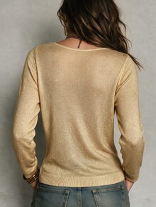 SHEIN Shimmery Knit Long Sleeve Top Features A Flattering Wrap V Neck. Side Ruching Creates Soft Folds And - Gold - View 2