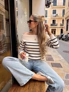 Serisse Women's Asymmetric Shoulder Colorblock Casual Versatile Daily Long Sleeve Sweater - Multicolor - View 6