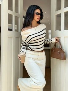 Serisse Women's Asymmetric Shoulder Colorblock Casual Versatile Daily Long Sleeve Sweater - Multicolor - View 7