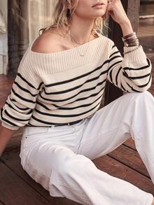 Serisse Women's Asymmetric Shoulder Colorblock Casual Versatile Daily Long Sleeve Sweater - Multicolor - View 3