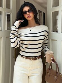 Serisse Women's Asymmetric Shoulder Colorblock Casual Versatile Daily Long Sleeve Sweater - Multicolor - View 10