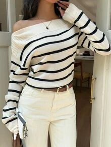 Serisse Women's Asymmetric Shoulder Colorblock Casual Versatile Daily Long Sleeve Sweater - Multicolor - View 8
