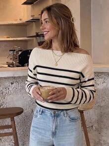 Serisse Women's Asymmetric Shoulder Colorblock Casual Versatile Daily Long Sleeve Sweater - Multicolor - View 5