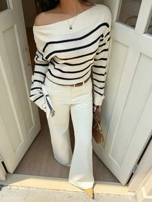 Serisse Women's Asymmetric Shoulder Colorblock Casual Versatile Daily Long Sleeve Sweater - Multicolor - View 9