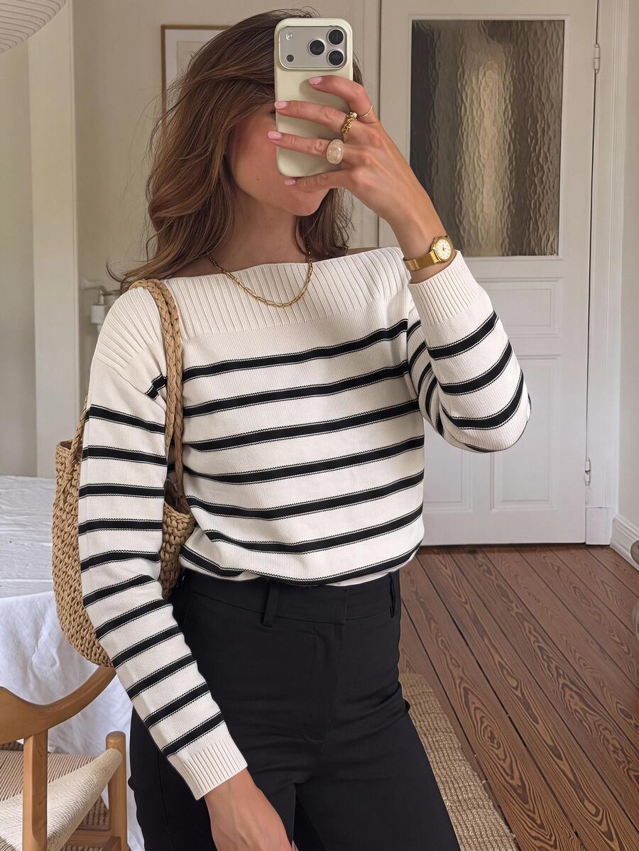 Serisse Women's Asymmetric Shoulder Colorblock Casual Versatile Daily Long Sleeve Sweater - Multicolor - View 1