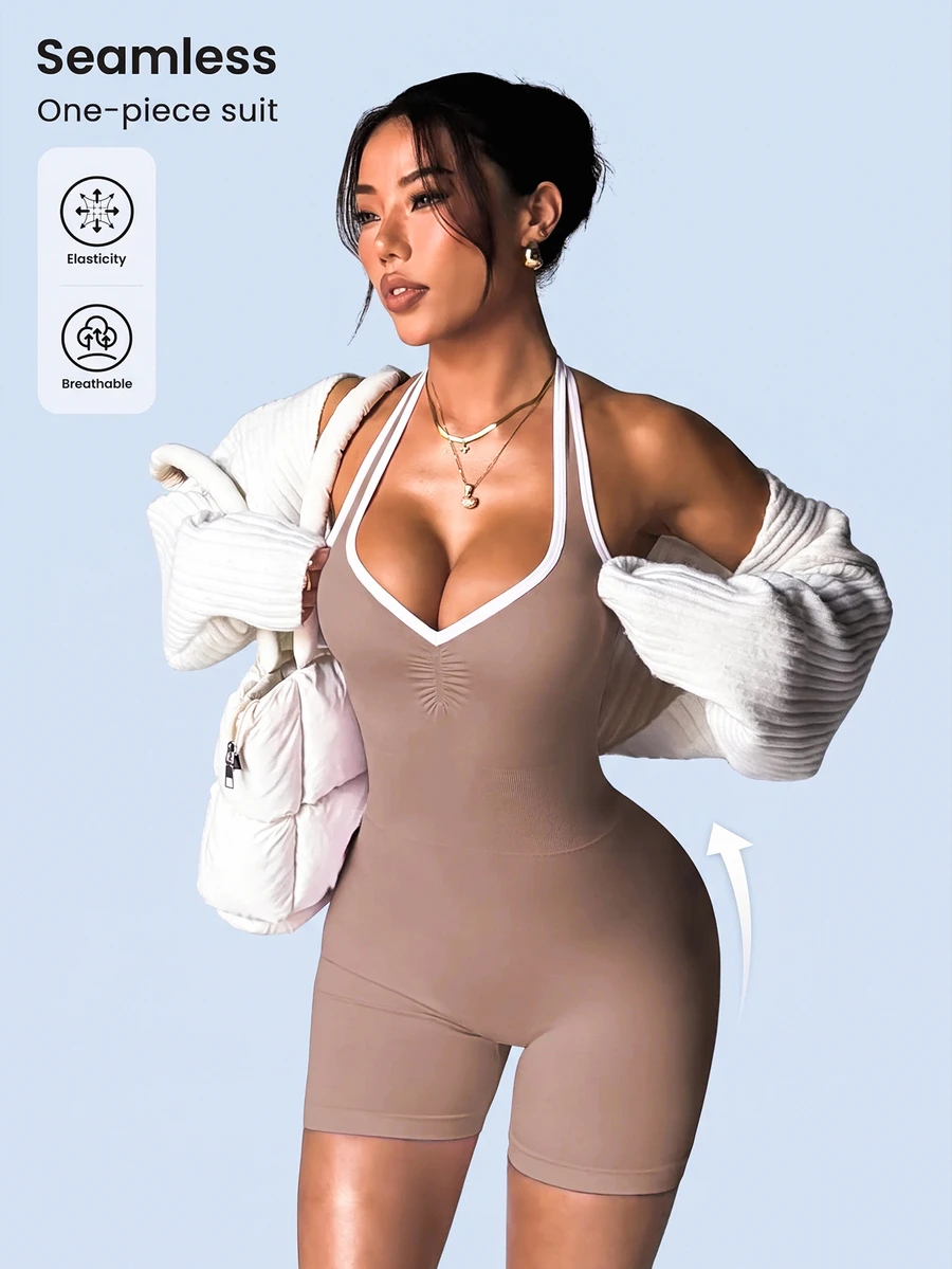 SHEIN Sovereign Charm Seamless Bicolor Jumpsuit Leggings Yoga Romper Fitness Romper Sexy Seamless Workout Jumpsuits Sporty Romper Halter Jumpsuit Activewear Romper