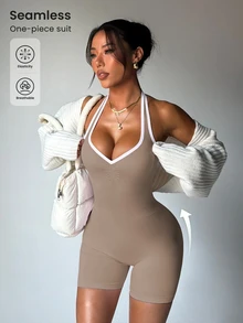 SHEIN Sovereign Charm Seamless Bicolor Jumpsuit Leggings Yoga Romper Fitness Romper Sexy Seamless Workout Jumpsuits Sporty Romper Halter Jumpsuit Activewear Romper - Khaki - View 10