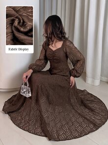 Modelyn 秋冬提花收腰顯瘦優雅時尚長洋裝 - 咖啡 - 查看 1