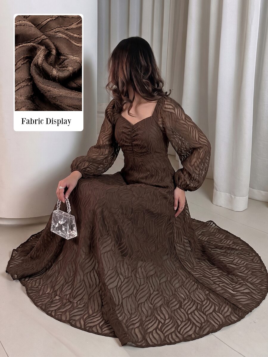 Modelyn 秋冬提花收腰顯瘦優雅時尚長洋裝 - 咖啡 - 查看 1