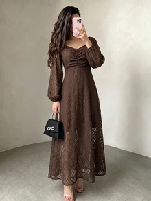 Modelyn 秋冬提花收腰顯瘦優雅時尚長洋裝 - 咖啡 - 查看 4