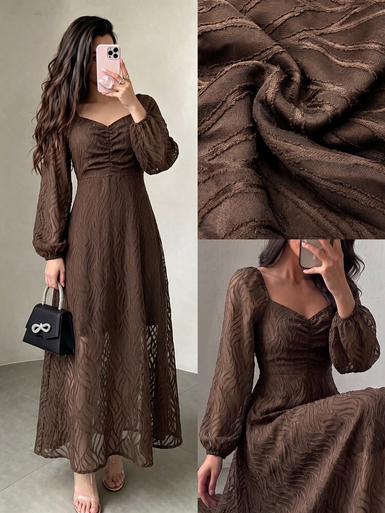 Modelyn Autumn/Winter Jacquard Waist-Cinching Slimming Elegant Fashionable Long Dress - Coffee - View 9