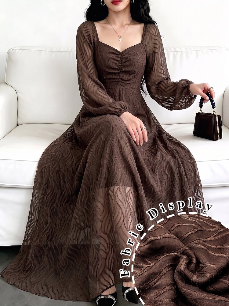 Modelyn Autumn/Winter Jacquard Waist-Cinching Slimming Elegant Fashionable Long Dress - Coffee - View 7