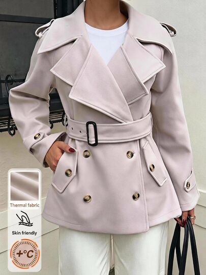 SHEIN EZwear Fall/Winte Apricot Woven Double-Breasted Belted Trench Coat For Women
