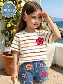 SHEIN 2pcs/Set Young Girl Cartoon Floral Princess T-Shirt And Shorts Set, Sweet & Cute, Comfortable & Versatile, Suitable For Summer Outings - Multicolor - View 1