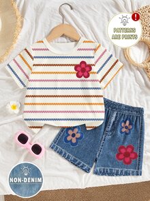 SHEIN 2pcs/Set Young Girl Cartoon Floral Princess T-Shirt And Shorts Set, Sweet & Cute, Comfortable & Versatile, Suitable For Summer Outings - Multicolor - View 3