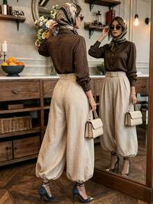 Balvessa French Vintage Textured Linen Lantern Wide Leg Pants For Women, High Waist With Belt, Cuffed Ankle Cropped Casual Pants - Apricot - View 2