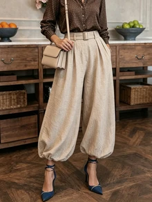 Balvessa French Vintage Textured Linen Lantern Wide Leg Pants For Women, High Waist With Belt, Cuffed Ankle Cropped Casual Pants - Apricot - View 3