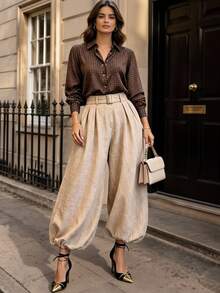 Balvessa French Vintage Textured Linen Lantern Wide Leg Pants For Women, High Waist With Belt, Cuffed Ankle Cropped Casual Pants - Apricot - View 7