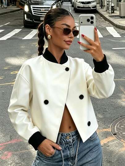 SHEIN Women's Spring/Autumn Button Up Stand Collar Minimalist French Elegant Jacket Office Black And White Colorblock Asymmetrical Hem Casual 2026 New