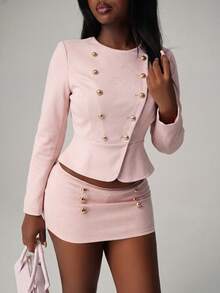 Nooralise Women's Autumn New Y2K Fashion Pink Slim Fit Double-Breasted Long Sleeve Jacket, Versatile Short Jacket - Pink - View 4